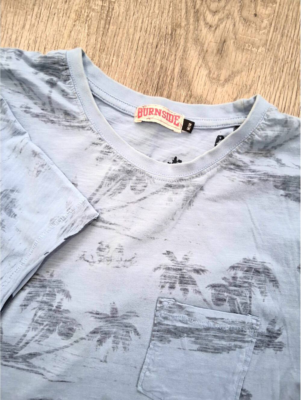 Burnside Men's Medium, Blue Palm Tree Lanscap Graphic Short Sleeve T-Shirt